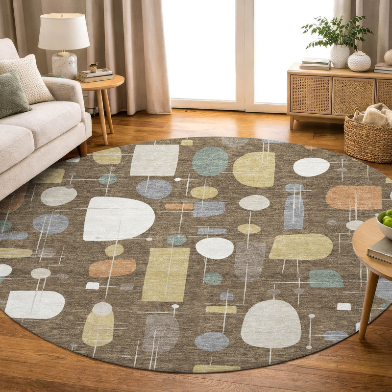 Premium Machine Washable Mayfield AMF2393 Geometric Rug, Chocolate, 8' Round