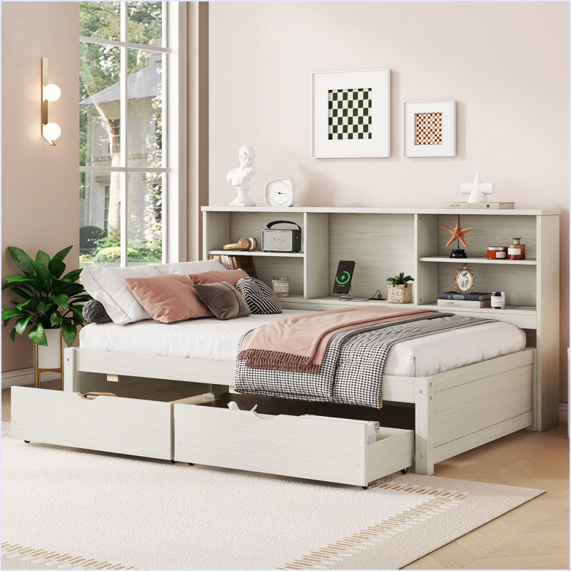 Bed Frame With Side Bookshelves, Two Drawers, And Built-In USB Port, White