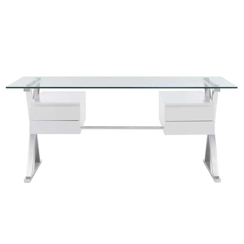 Elegant 71" White Glass Desk with Floating Drawers & Steel Frame