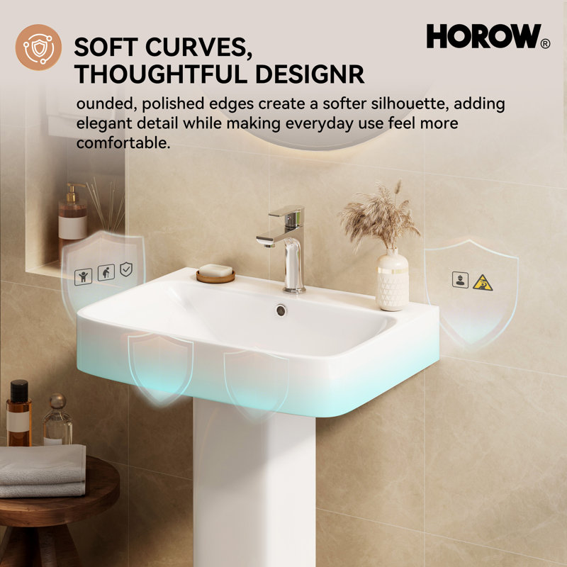 Lavabo sur pied de salle de bain en porcelaine vitrifiée blanche avec trop-plein, 60,5 cm de profondeur x 46,5 cm de largeur