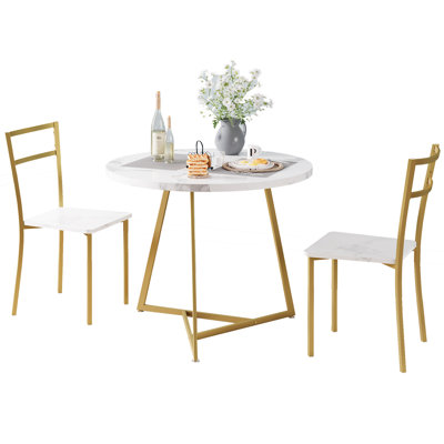 Dining Table Set for 2, Round Kitchen Table and Chairs, Modern Dining Room Table Set with 2 Chairs, Metal Frame, Kitchen Table Set for Small Space, Ap