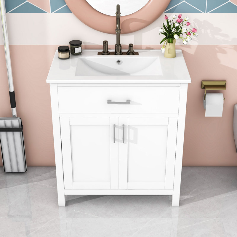 Meuble-lavabo de salle de bain avec lavabo et rangement en céramique, Blanc, Gris