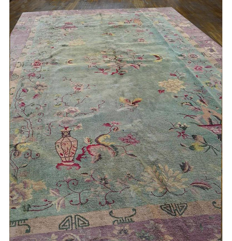 Tapis de style art déco chinois antique floral vert des années 1920 10 pi x 15 pi 6 po