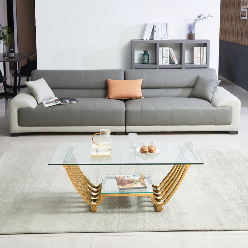Table basse rectangulaire moderne en acier inoxydable de 47 po, table basse en verre trempé transparent à deux couches, table centrale avec rangement, bureau à domicile pour salon, assemblage facile, or