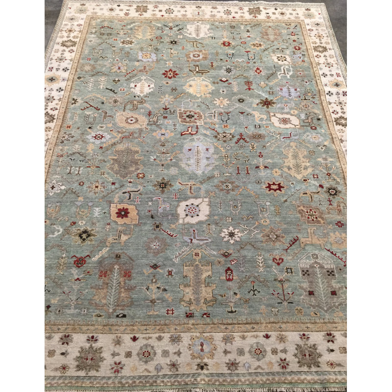 Tapis bleu / vert en laine noué à la main Waco, Rectangle de 4 pi x 6 pi