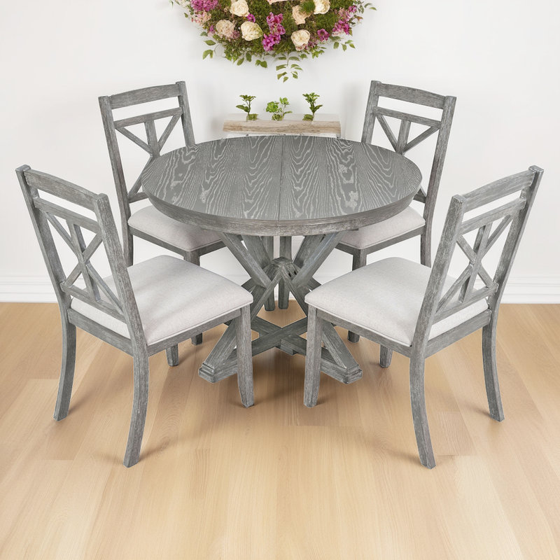 5-Piece Vintage Extendable Dining Table Set, Round-to-Oval Table & 4 Padded Chairs, Grey, Grey