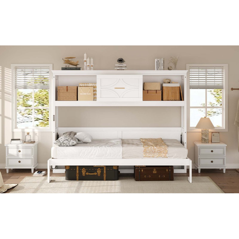 Lit escamotable simple avec station de charge et tiroir, Blanc