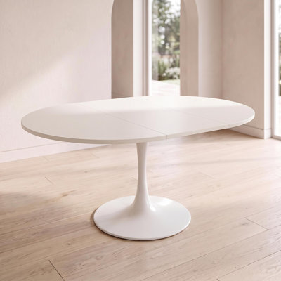 57.9" Mid-Century Modern Extendable Round-to-Oval Dining Table for 4-6 with Metal Tulip Pedestal Base, White