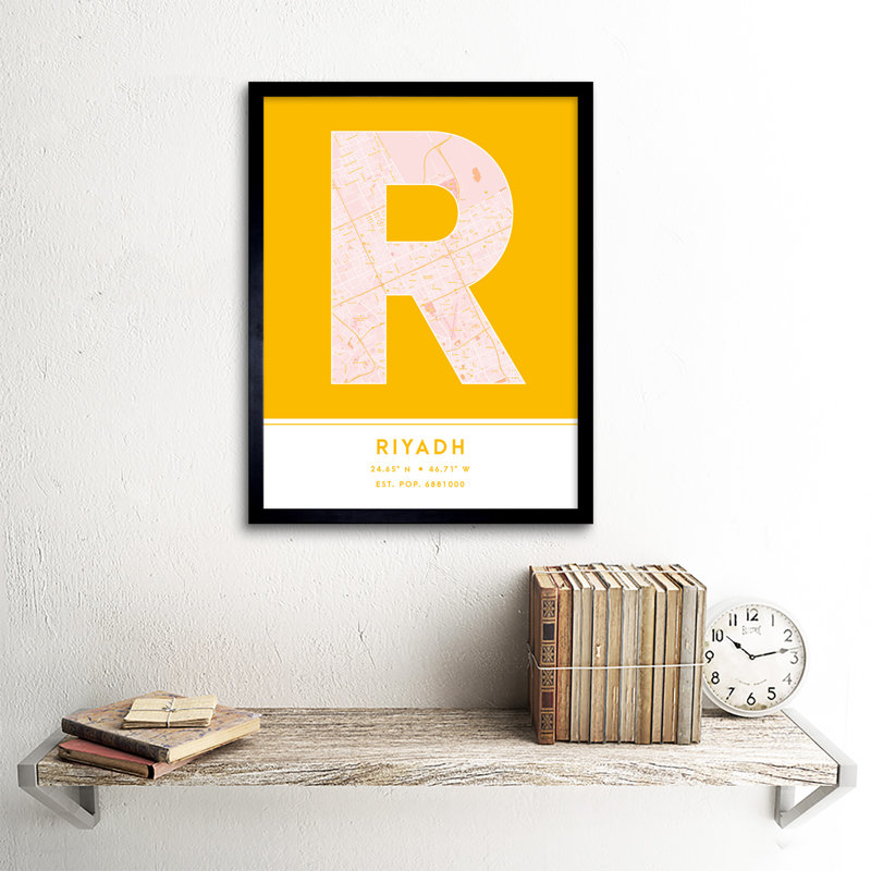 Riyadh City Map Riyadh Yellow by Wee Blue Coo - Single Picture Frame Typography