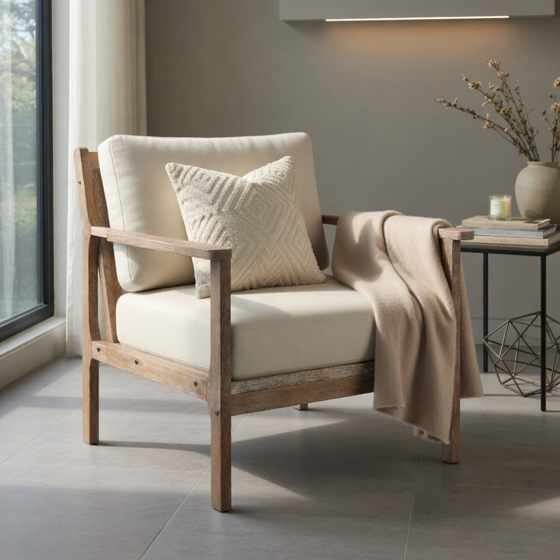 Chaise d'appoint moderne avec accoudoirs en bois d'hévéa massif, siège rembourré en lin de coton, chaise de salon facile à assembler, beige
