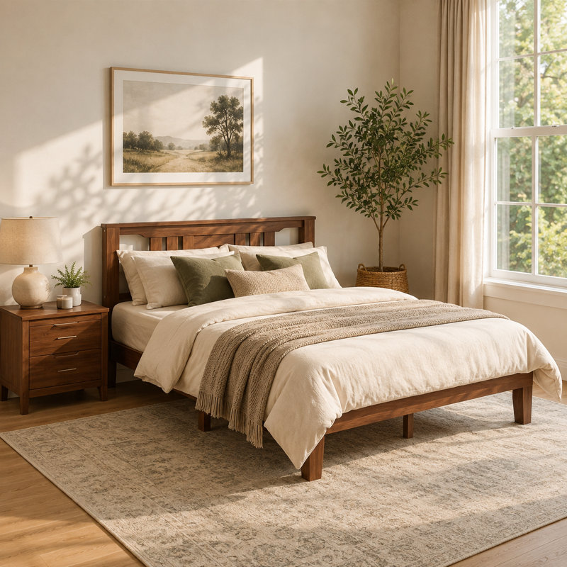 Mid Century Solid Wood Platform Bed with Headboard, Wood Slat Support, No Box Spring Needed, Queen