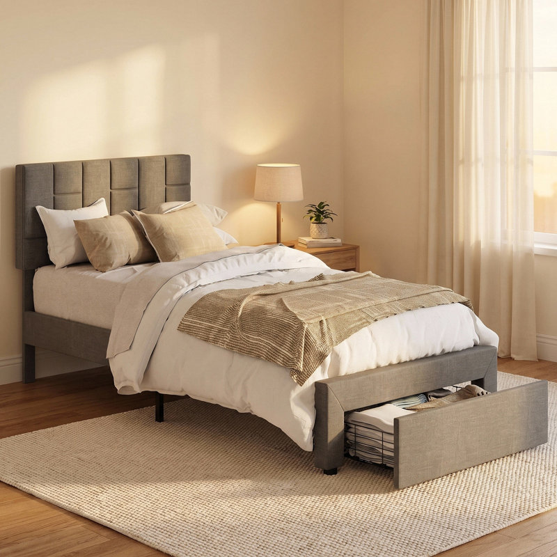 Lashawnda Modern Style Fabric Upholstered Bed Twin Size Platform Bed With Storage Drawer, Gris