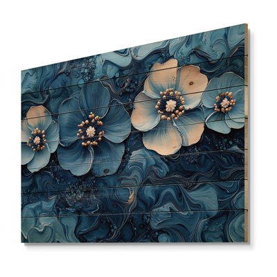 «Aqua Blue Poppies Dreamscape At Night III» - Décoration murale en bois de coquelicots - sur bois de pin naturel