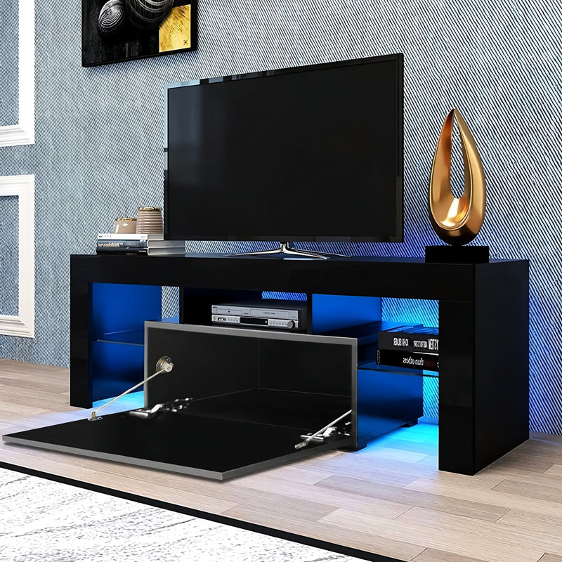 Led Tv Stand For 55-inch Tvs, Modern Style With Down Flip Door, Glass Shelf, High Glossy Coating, Sizable Storage, Bedroom & Living Room, Black Design Large Front, Room Furniture,