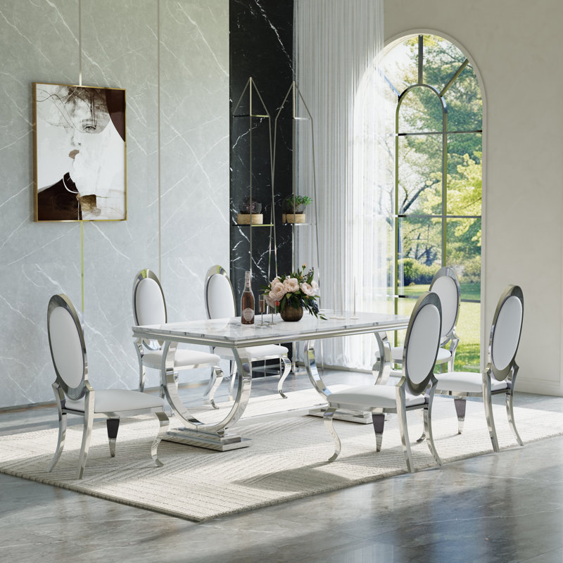 Ensemble de salle à manger 7 pièces 7 pièces, Blanc / argent / blanc