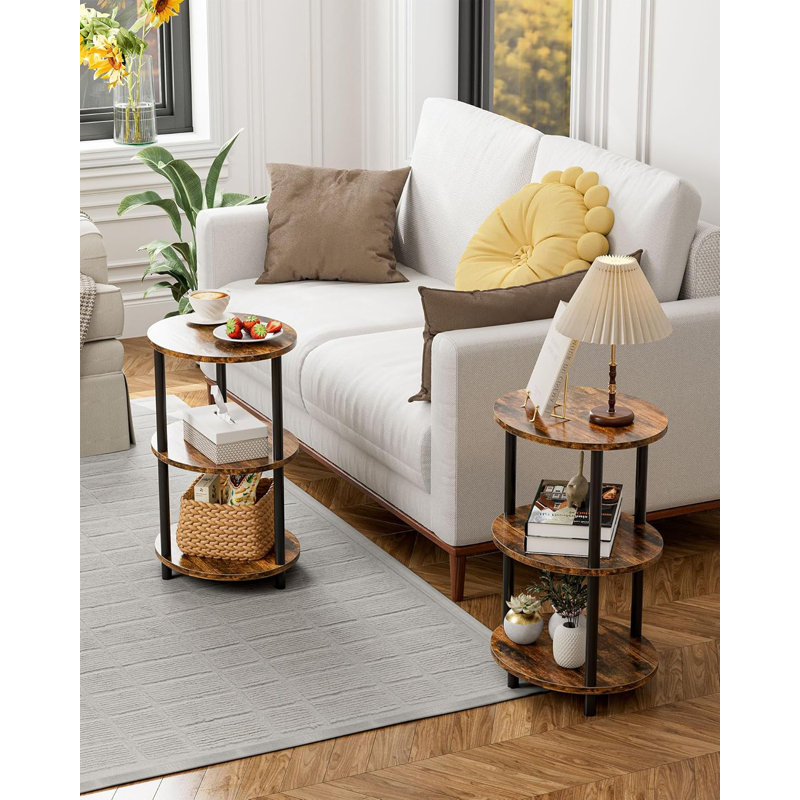 Table d'appoint ronde à 3 niveaux avec design en bois rustique et en métal, table d'appoint ovale compacte pour les petits espaces, facile à assembler pour le salon, la chambre à coucher ou la table de bout