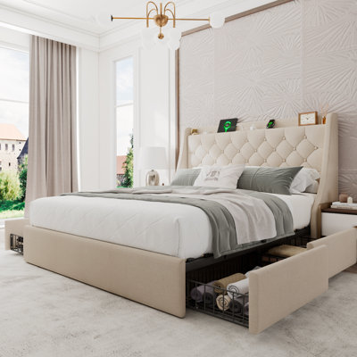 Queen Bed Frame with 4 Storage Drawers, Upholstered Storage Bed with Charging Station, Wingback Storage Headboard, No Box Spring Needed,Beige