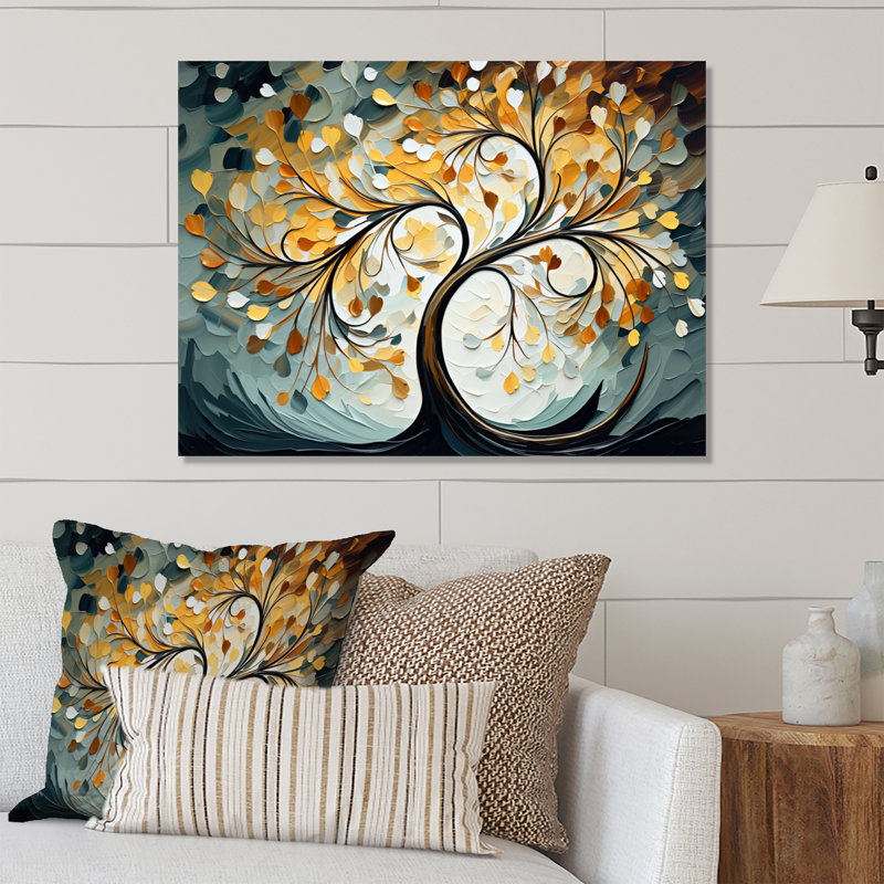 Décoration murale en métal jaune avec arbres majestueux jaune et gris, H 34 po x l 44 po