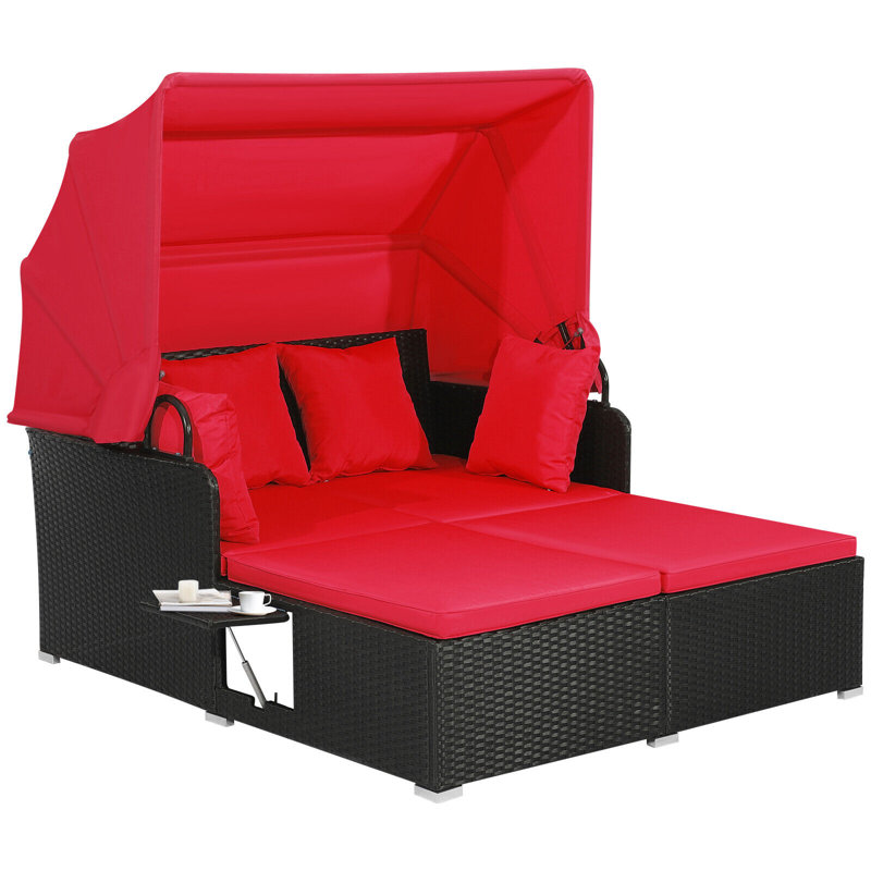 60.5 In. L X 65 In W PE Rattan Patio Daybed With Cushions Retractable Canopy, Red