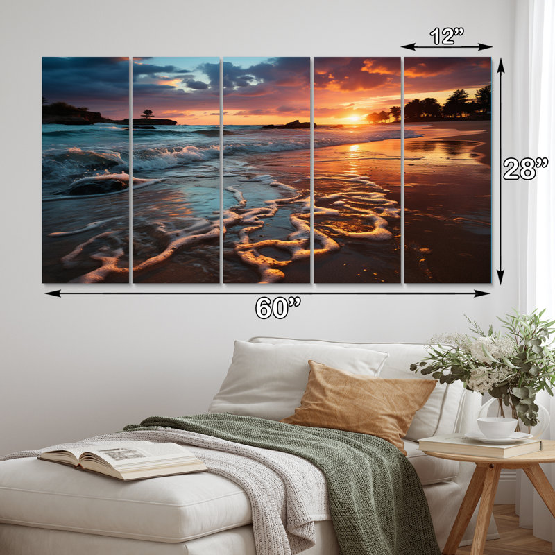 Coucher de soleil horizon I - reproduction d'art mural côtier - 5 panneaux égaux