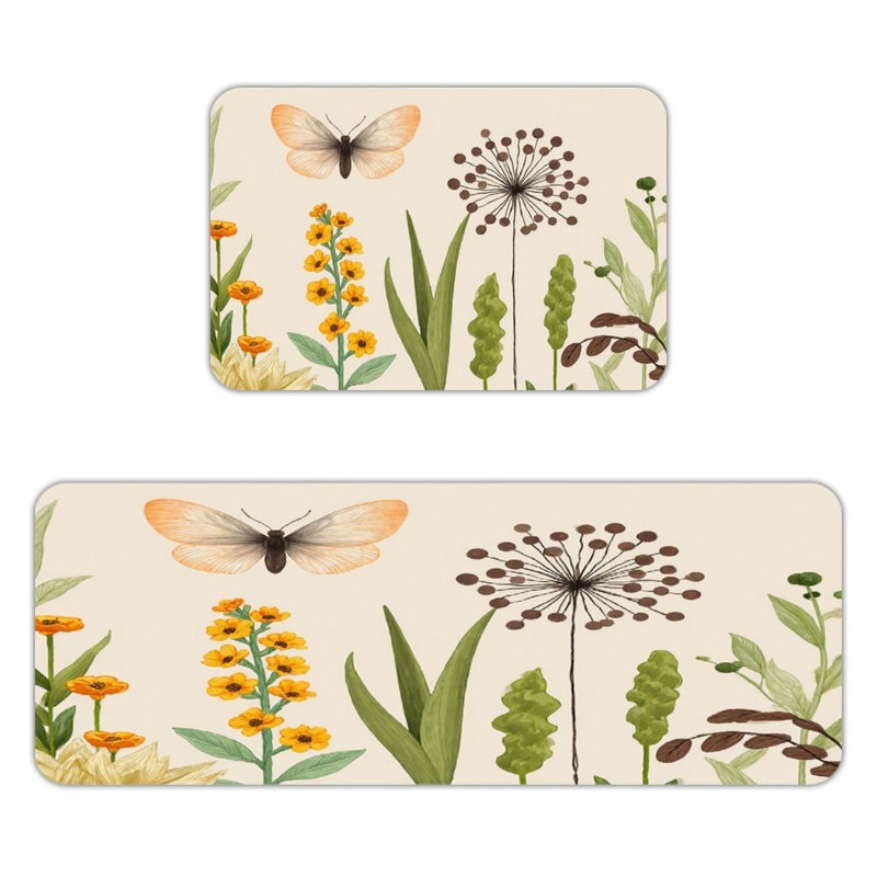 Butterfly & Yellow Flower, 2 Pcs Non Slip Kitchen Mats, Cream Floral