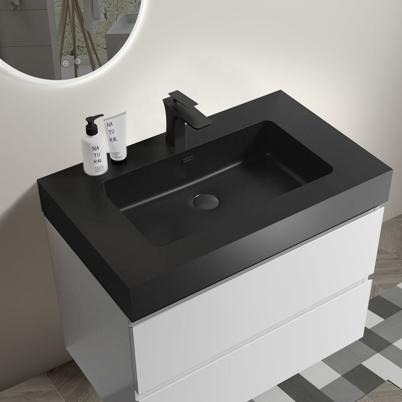 Meuble-lavabo de salle de bain flottant mural, Noir, Blanc