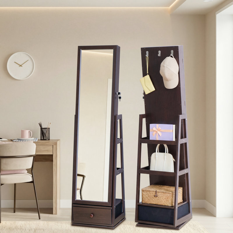 360° Rotating Jewelry Armoire with Full Length Mirror, LED Lighted Vanity Station with Foldable Shelf, Brown