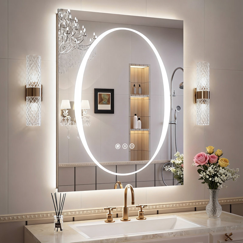 Miroir de salle de bain à DEL à intensité variable avec rétroéclairage et rétroéclairage, température de 3 couleurs, antibuée, verre trempé, homologué ETL
