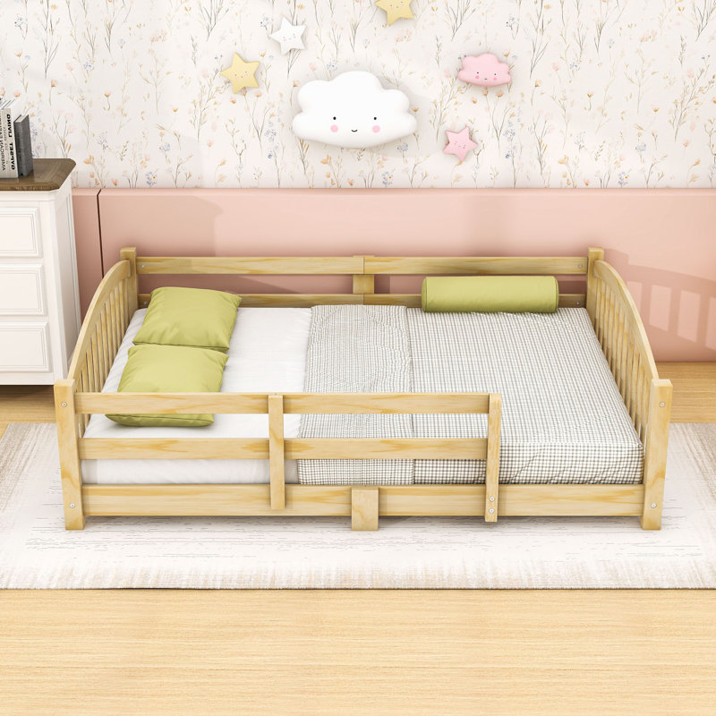 Wood Montessori Floor Bed with Guardrails and Slat Support, Natural, Full