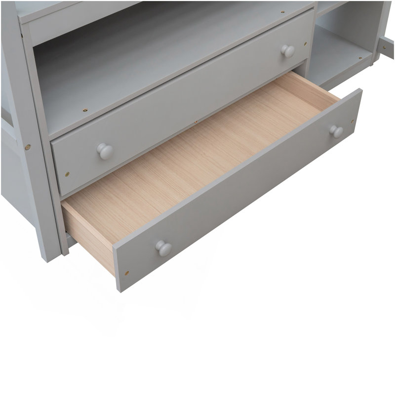Lit mezzanine double avec bureau et tablettes, deux tiroirs intégrés, gris, Gris