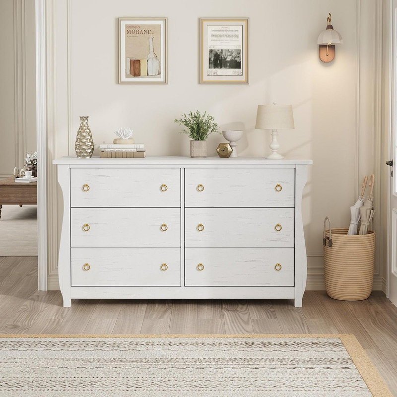 Commode Boho 6 / 7Drawer - Commode de rangement en bois texturé pour chambre à coucher et salon, Blanc