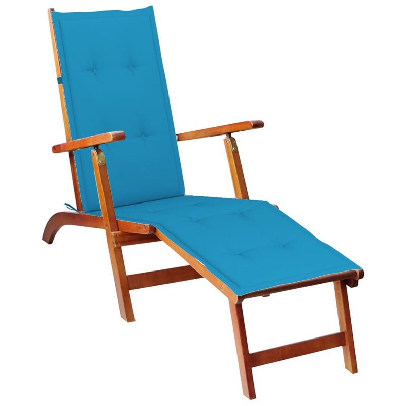 Deckchair Patio Lounge Chair Folding Sunbed Cushion Solid Acacia Wood, Gray, Blue
