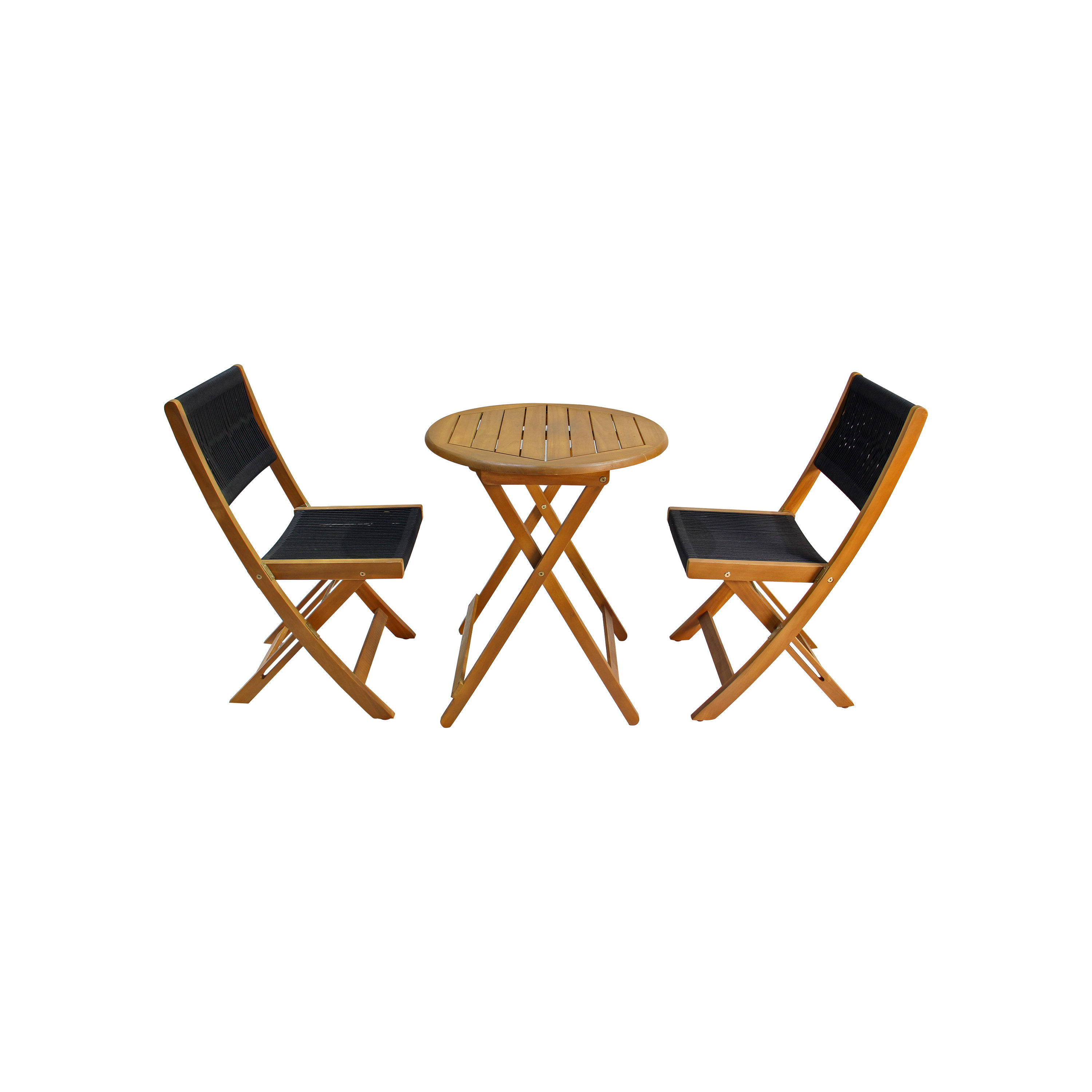 Acacia Wood Bistro Set - 3 Piece Folding Patio Set With Coffee Table & 2 Chairs | Brown Stained Outdoor Furniture For Balcony, Garden