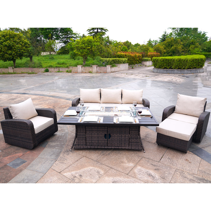 Wicker 6 - Person Patio Conversation Set with Cushions, Brown