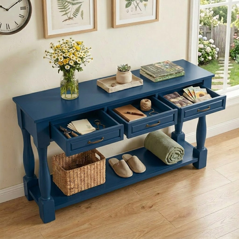 Console en bois avec 3 tiroirs et 3 tablettes inférieures pour canapé d'entrée très épais, Marine, Marine