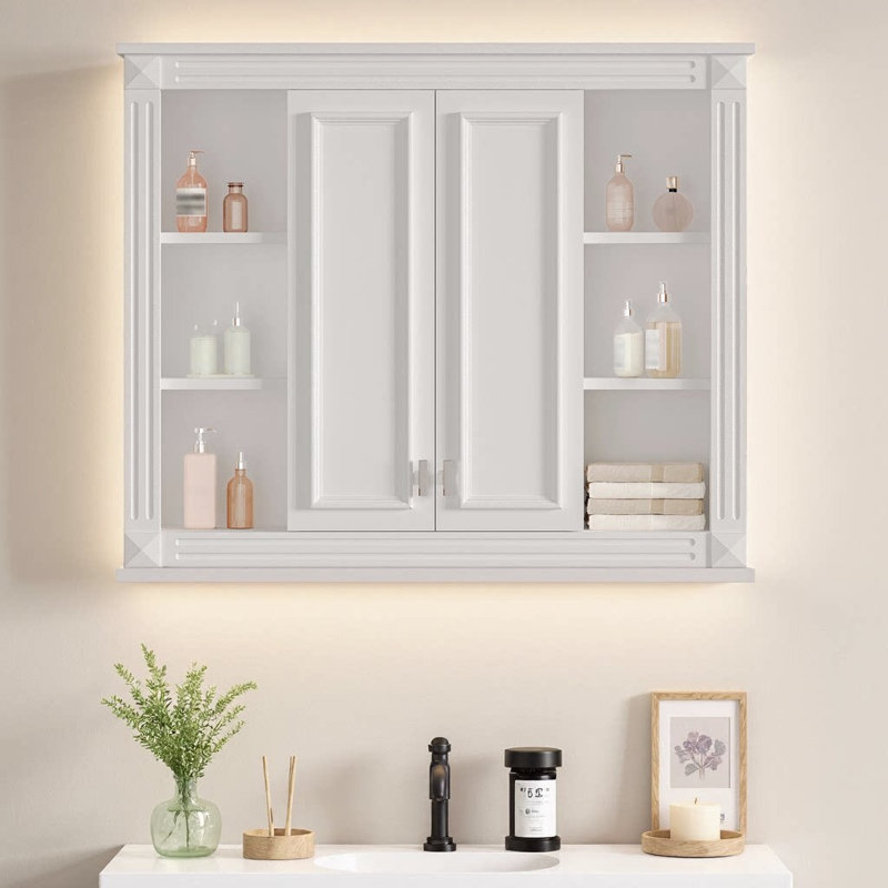 Pharmacie murale 36 po x 28 po | Grande armoire de rangement pour salle de bain avec 1 tablette réglable | Cadre en bois massif avec charnières à fermeture en douceur et portes à ouverture battante | Finition peinte en blanc