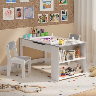 Ensemble de table et de chaises pour enfants, chevalet d'art convertible et table d'activités / artisanat en bois avec 2 chaises, bacs de rangement et tablettes de rangement pour les tout-petits