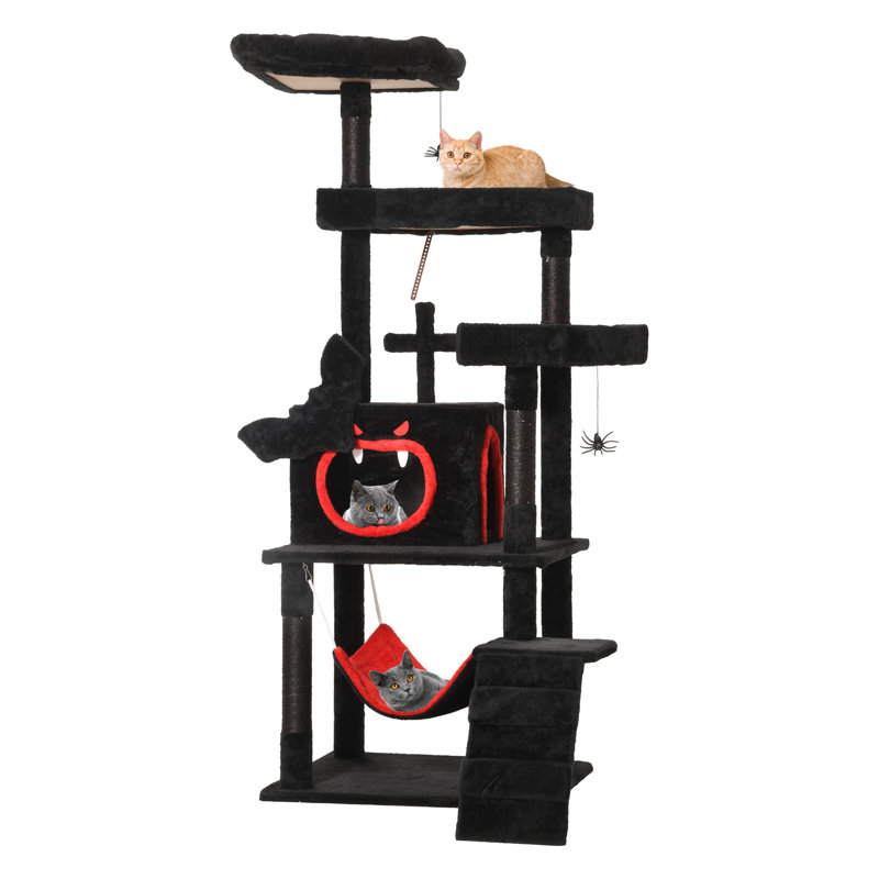 63" Tall Cat Tower Gothic Cat Tree with Hammock, Scratching Post, Cat Condo for Black Halloween