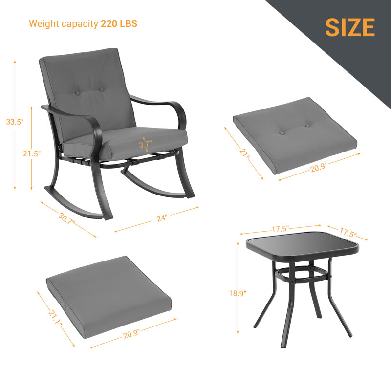 Ensemble de meubles de patio 3 pièces, chaises berçantes d'extérieur en osier avec coussins et table d'appoint en acier, Gris