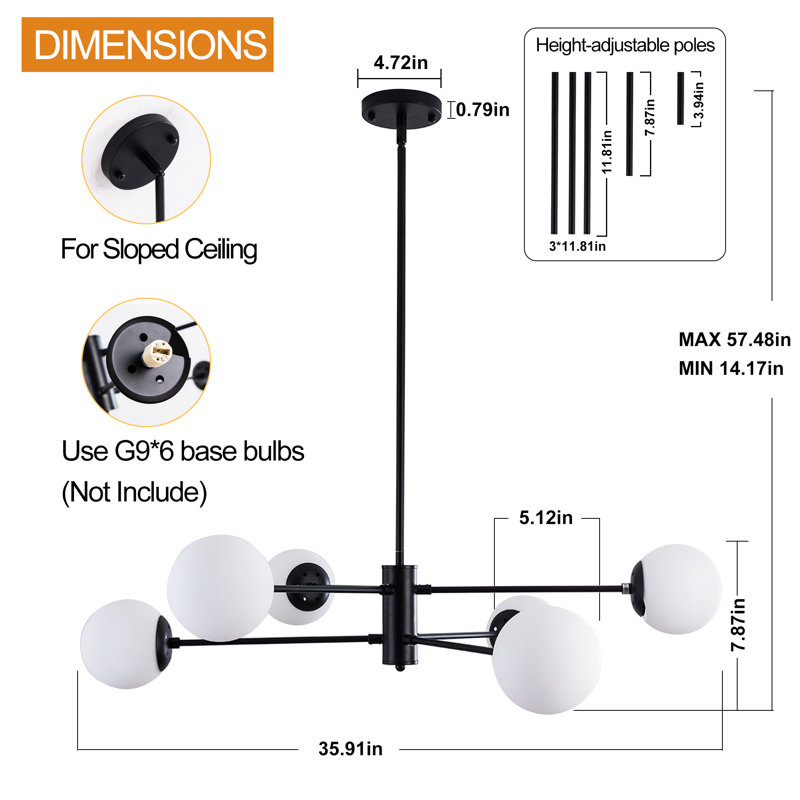 Luminaire suspendu moderne à 6 lumières avec abat-jour en verre Modern Globe Chandeliers