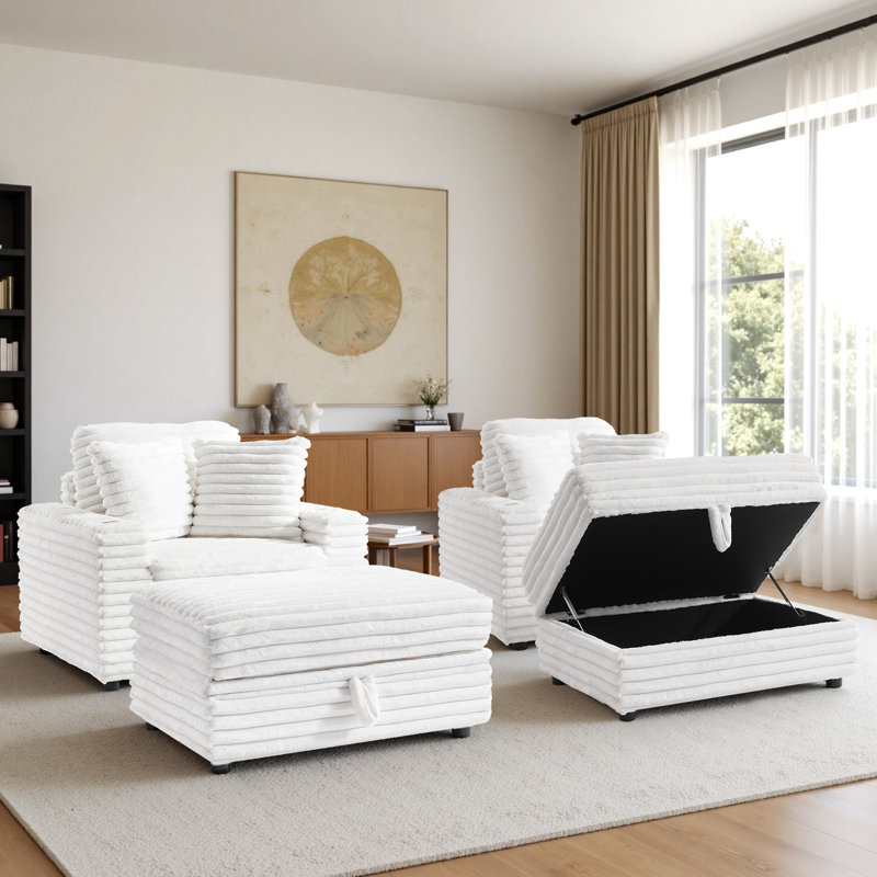 Upholstered Armchair with Footstool, Beige