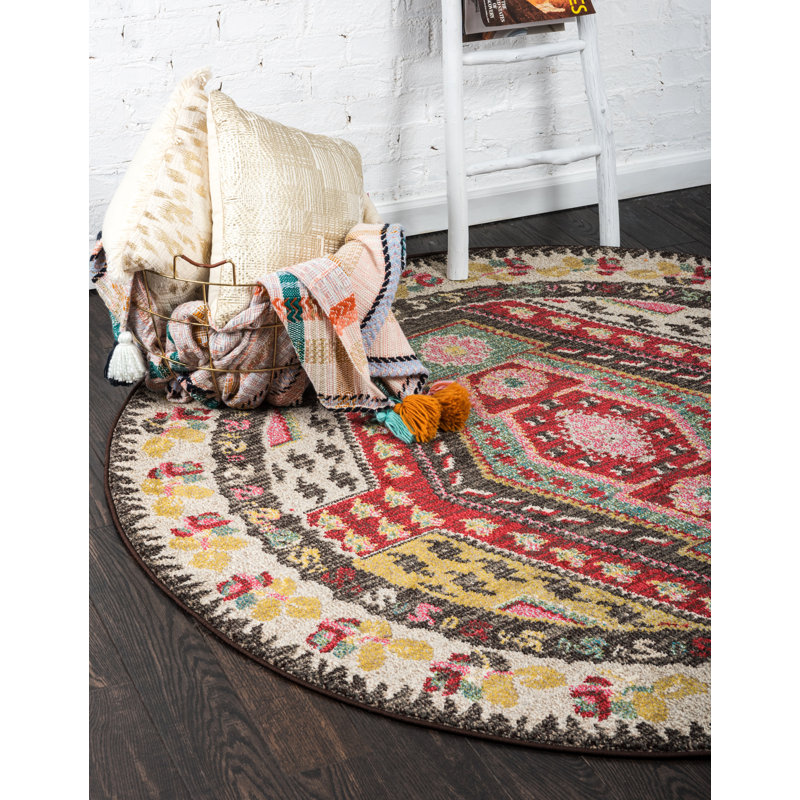 Tapis brun / crème Lonniet Southwestern, Rond 6 pi 1 po