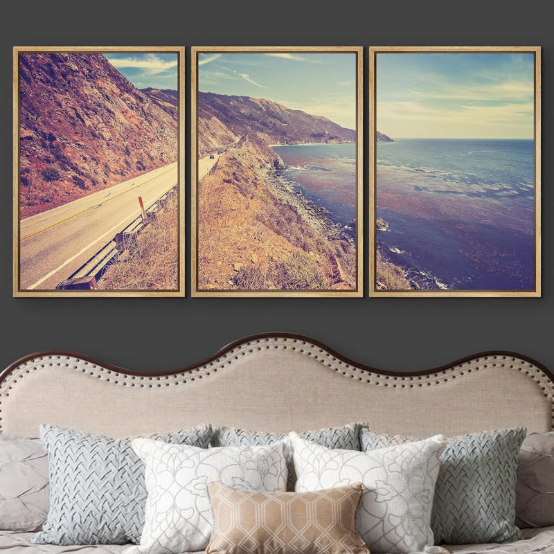 Ensemble de 3 reproductions de photos rétro, Pacific Coast Highway, Californie, États-Unis, Cadre naturel flottant