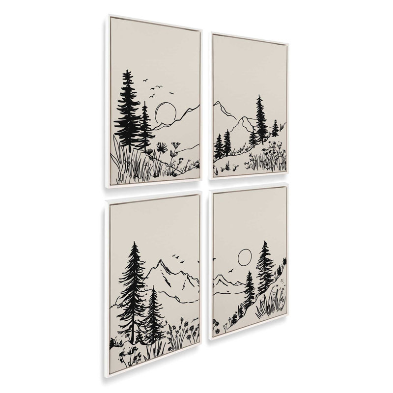 Ensemble de 4 impressions Whispering Peaks, Cadre flottant blanc opaque, 36 po x 24 po