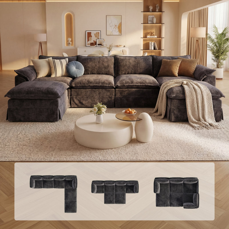 Boneless Modular Sectional Sofa, Double-Layer U-Shaped Cushion Cloud Comfort Couch, Gray, 30" H x 157.48" W x 41.73" D