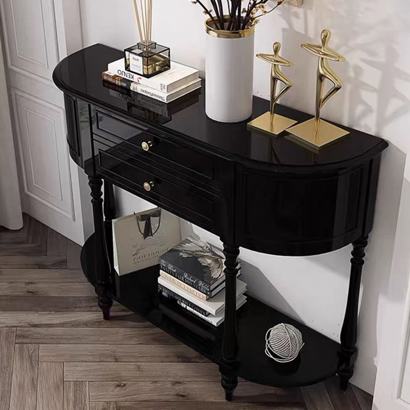 Buffet décoratif demi-rond tout en bois massif All, H 37,2 po x l 47,24 po x P 14,17 po, Noir
