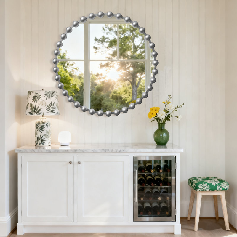 Metal Frame Beaded Decorative Round Wall Mirror, 27" x 27", Silver