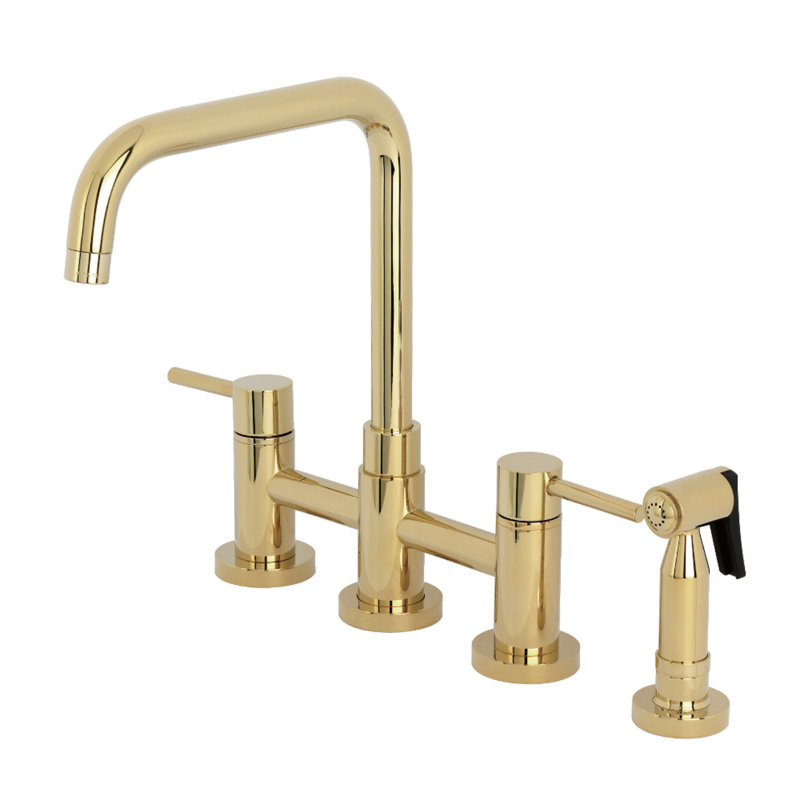 Kingston Brass Concord Two-Handle 4-Hole Deck Mount Bridge Kitchen Faucet with Brass Side Sprayer, Polished Brass