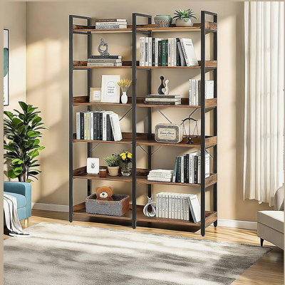 6-Tier Wooden Bookshelf with Open Shelves, Modern Metal Frame Bookcase for Storage and Display