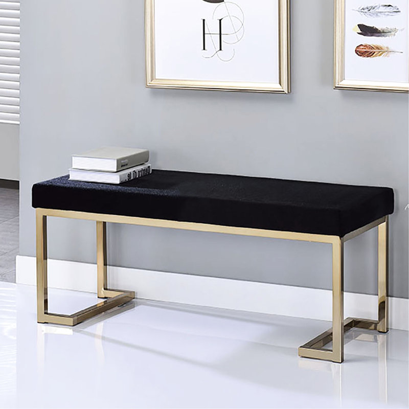 Black And Champagne Bedroom Bench With Modern Style Seat Metal Base Fabric Covered For